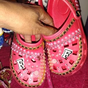 Crocs slides pink &gold blinged out